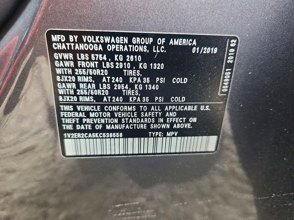 2019 VOLKSWAGEN ATLAS — VINS