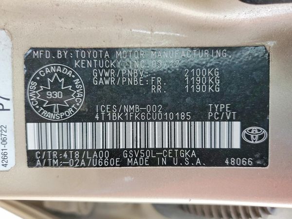 2012 TOYOTA CAMRY — VINS