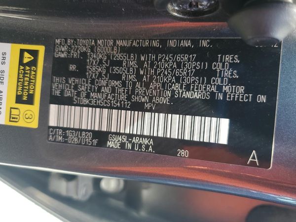 2012 TOYOTA HIGHLANDER Base/Hybrid — VINS