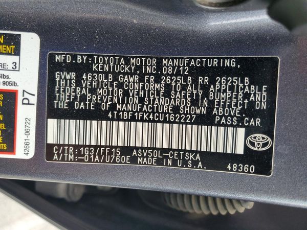 2012 TOYOTA CAMRY — VINS