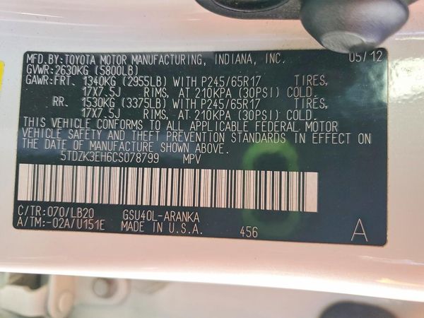 2012 TOYOTA HIGHLANDER Base/Hybrid — VINS