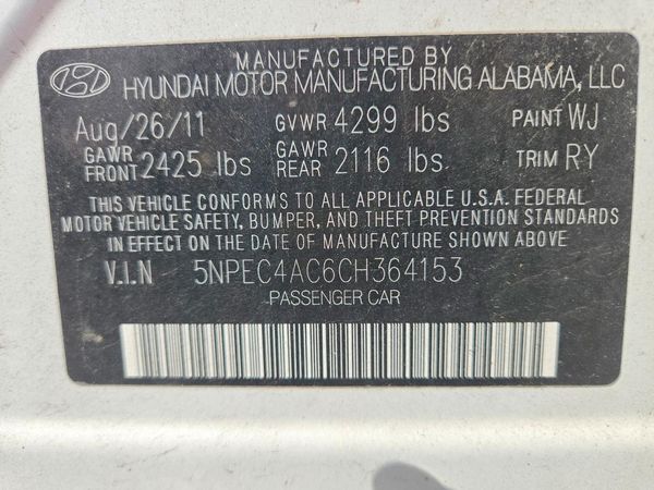 2012 HYUNDAI SONATA Middle level — VINS