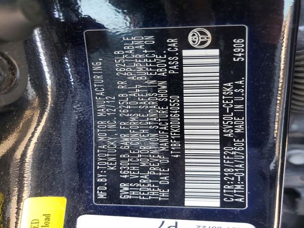 2013 TOYOTA CAMRY — VINS