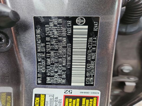 2018 TOYOTA CAMRY L/LE/SE/XLE — VINS