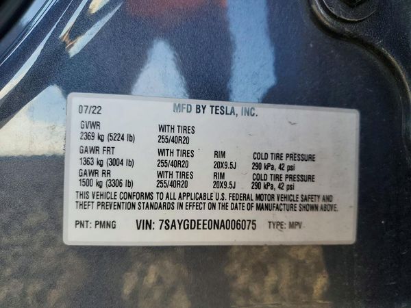 2022 TESLA MODEL Y — VINS