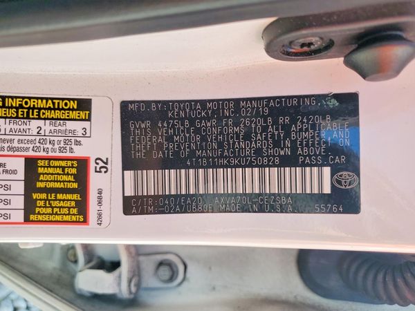 2019 TOYOTA CAMRY L/LE/SE/XLE — VINS