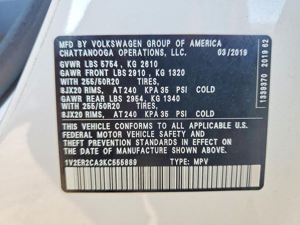 2019 VOLKSWAGEN ATLAS — VINS