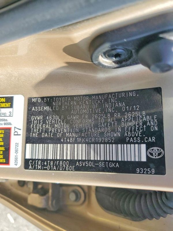 2012 TOYOTA CAMRY — VINS