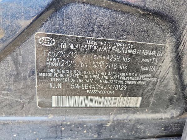 2012 HYUNDAI SONATA — VINS