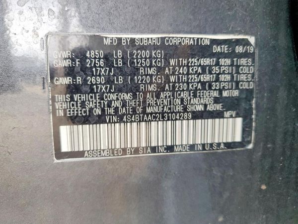 2020 SUBARU OUTBACK Base — VINS