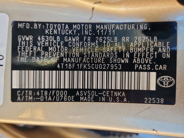 2012 TOYOTA CAMRY — VINS