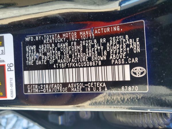 2012 TOYOTA CAMRY — VINS