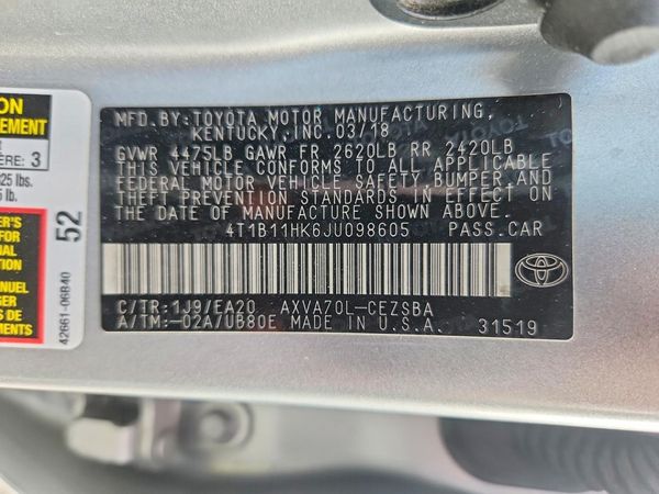 2018 TOYOTA CAMRY L/LE/SE/XLE — VINS