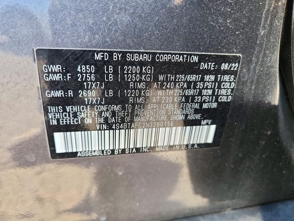 2022 SUBARU OUTBACK Premium — VINS