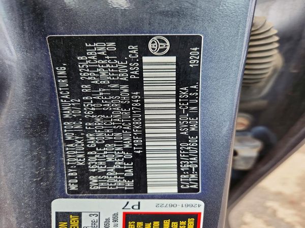 2012 TOYOTA CAMRY — VINS