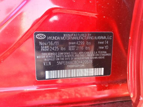2012 HYUNDAI SONATA Middle-low level — VINS