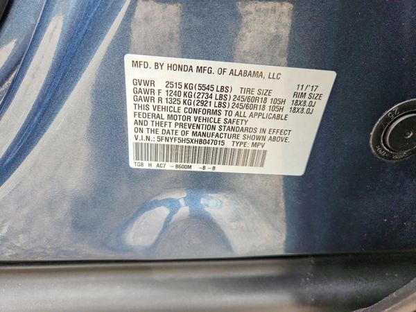 2017 HONDA PILOT EXL — VINS