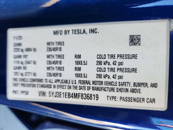 2021 TESLA MODEL 3 — VINS