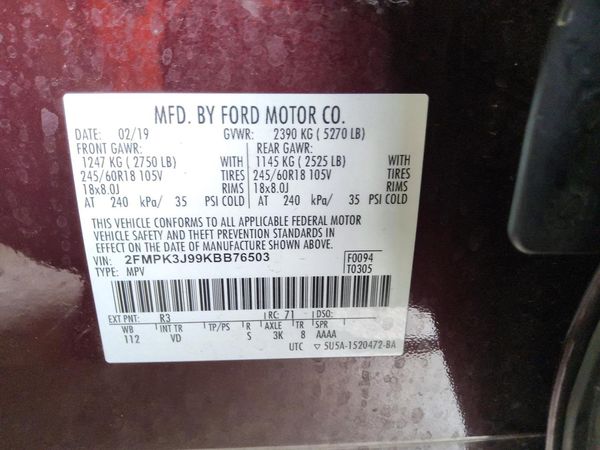 2019 FORD EDGE SEL — VINS