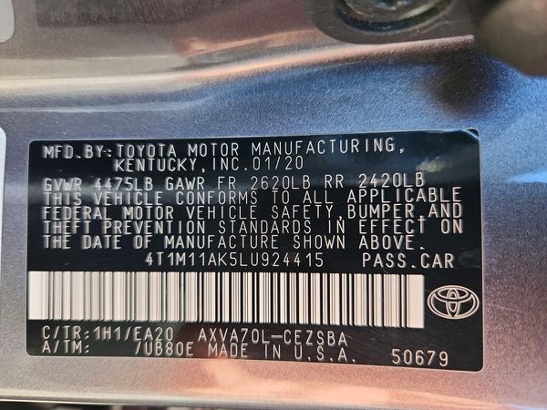 2020 TOYOTA CAMRY — VINS
