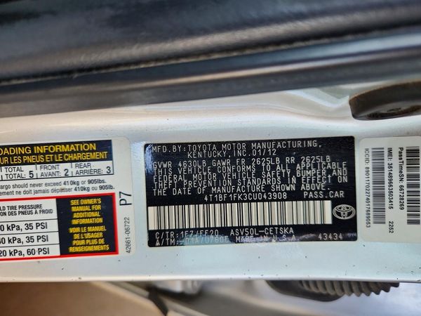2012 TOYOTA CAMRY — VINS