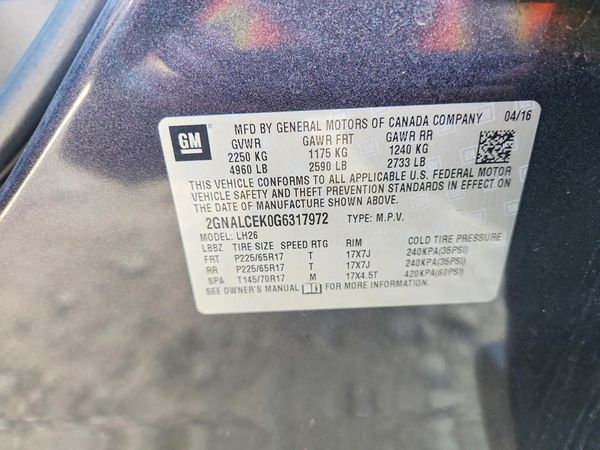 2016 CHEVROLET EQUINOX LT — VINS
