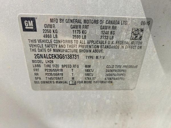 2016 CHEVROLET EQUINOX LT — VINS