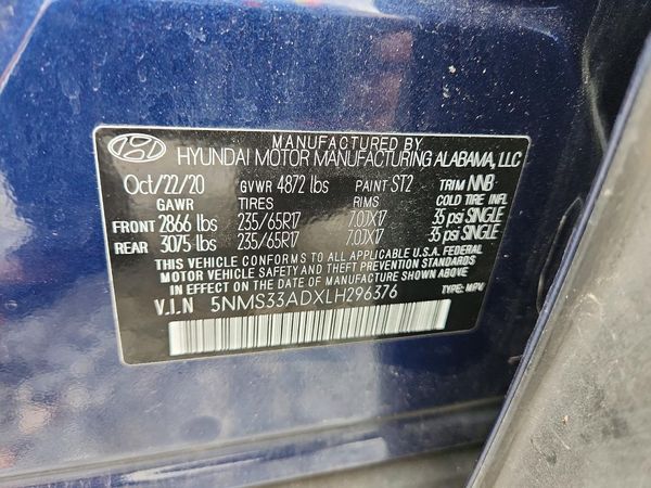 2020 HYUNDAI SANTA FE SEL — VINS
