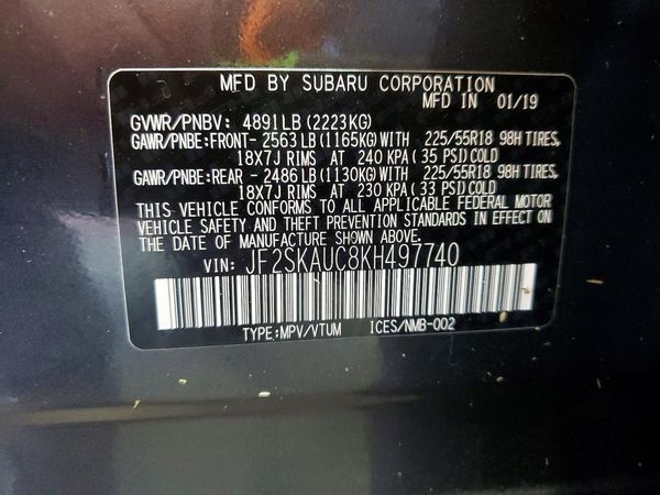 2019 SUBARU FORESTER — VINS