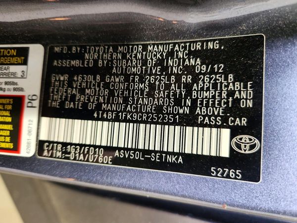 2012 TOYOTA CAMRY — VINS