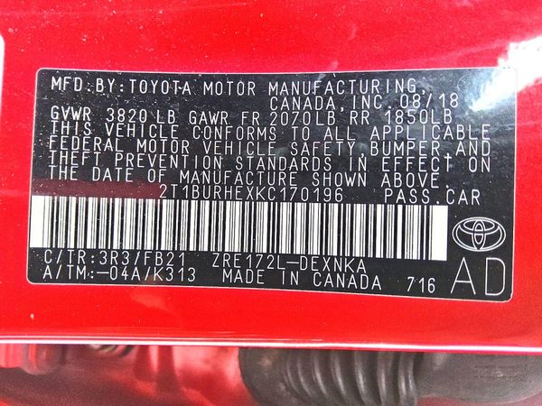 2019 TOYOTA COROLLA L/LE/SE/XLE/XSE — VINS