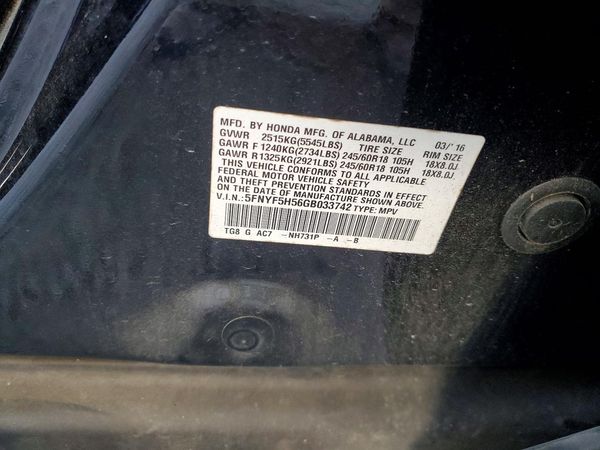 2016 HONDA PILOT EXL — VINS