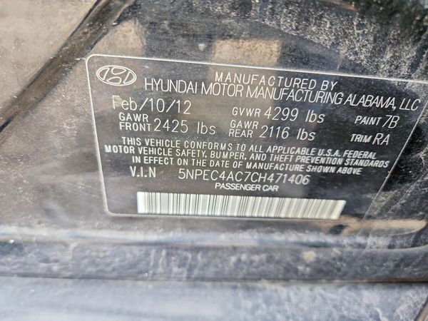 2012 HYUNDAI SONATA Middle level — VINS