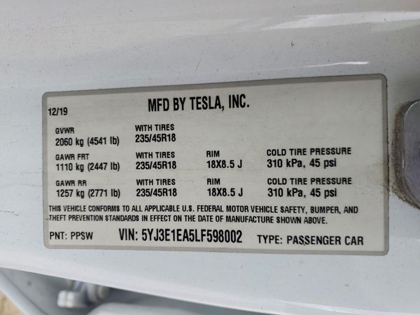 2020 TESLA MODEL 3 — VINS