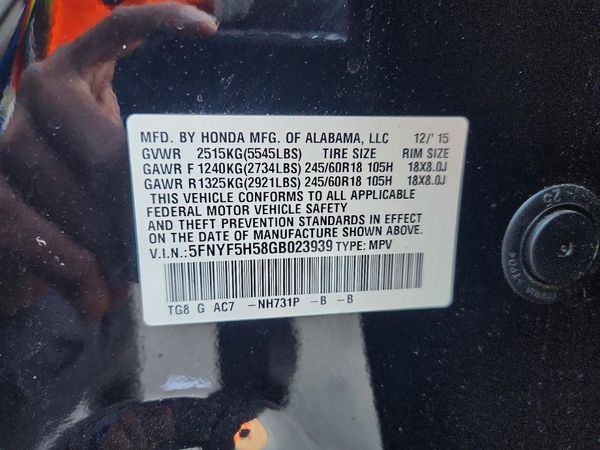 2016 HONDA PILOT EXL — VINS