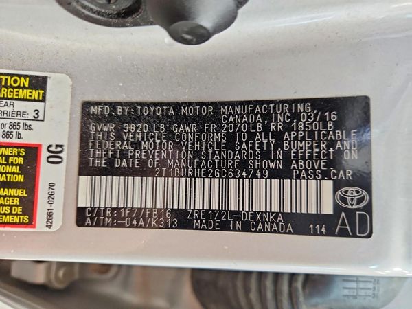 2016 TOYOTA COROLLA L/LE — VINS