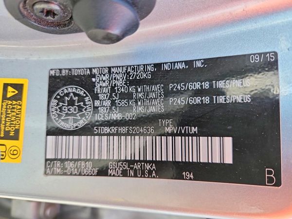 2015 TOYOTA HIGHLANDER Base/Hybrid — VINS