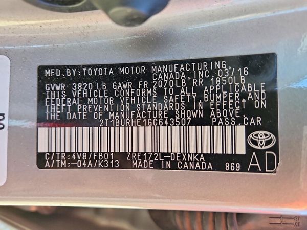 2016 TOYOTA COROLLA L/LE — VINS
