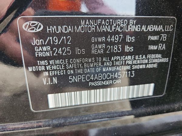 2012 HYUNDAI SONATA Middle level — VINS
