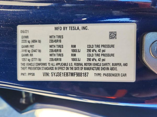 2021 TESLA MODEL 3 — VINS