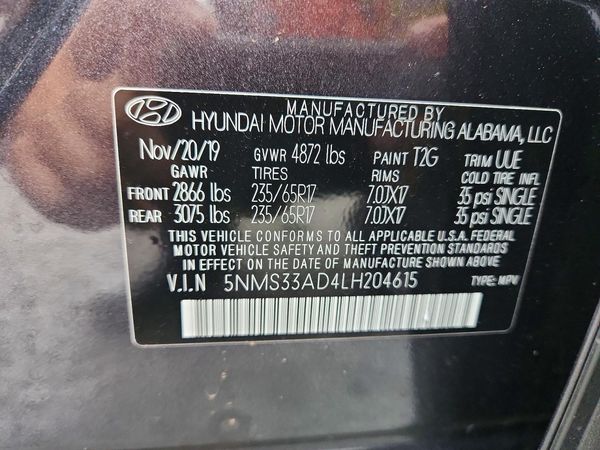 2020 HYUNDAI SANTA FE SEL — VINS