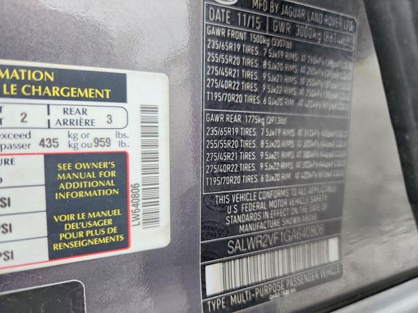 2016 LAND ROVER RANGEROVER HSE — VINS