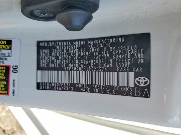2018 TOYOTA COROLLA L/LE/SE/XLE/XSE — VINS