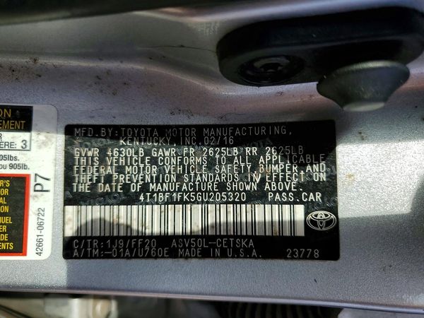 2016 TOYOTA CAMRY — VINS