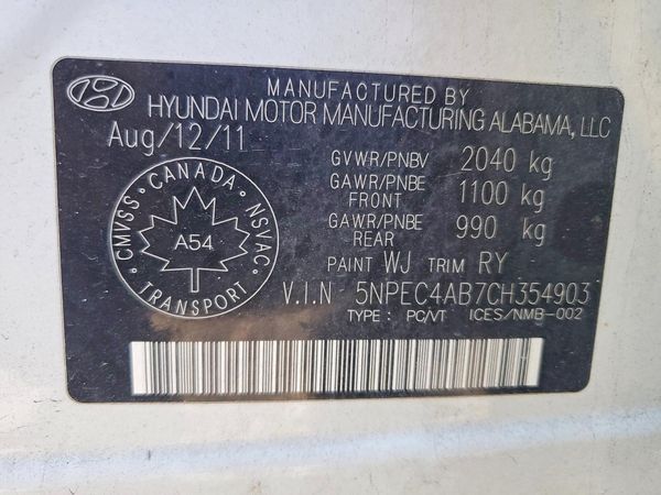 2012 HYUNDAI SONATA Middle level — VINS