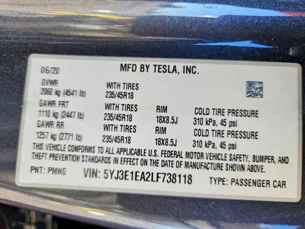 2020 TESLA MODEL 3 — VINS