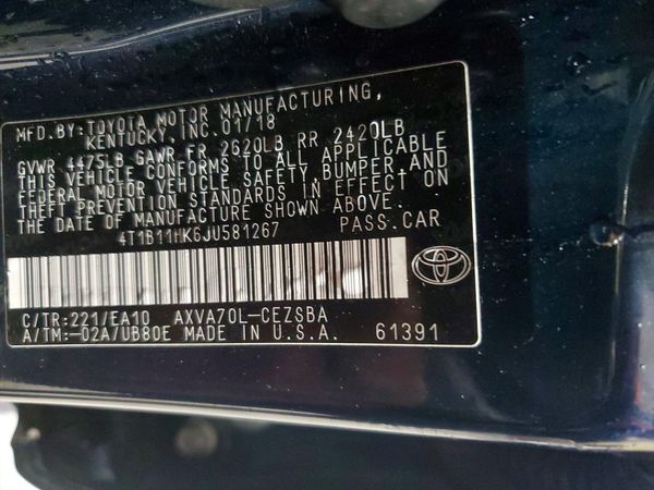 2018 TOYOTA CAMRY L/LE/SE/XLE — VINS