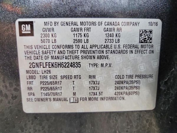 2017 CHEVROLET EQUINOX LT / FL — VINS