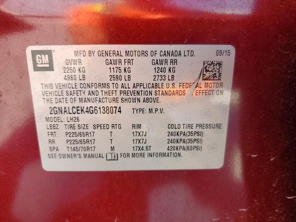2016 CHEVROLET EQUINOX LT — VINS