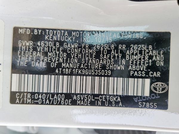 2016 TOYOTA CAMRY — VINS